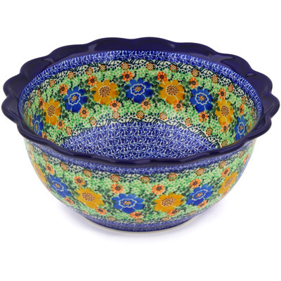 Polish Pottery Scalloped Bowl 9&quot; Garden Symphony UNIKAT