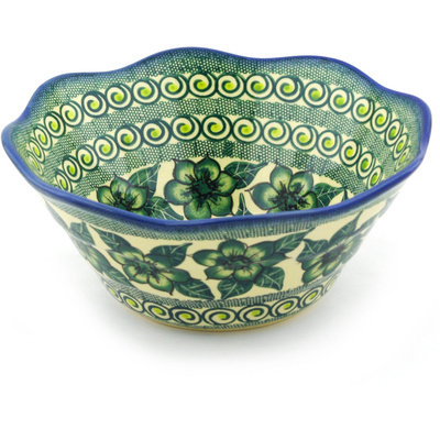 Polish Pottery Scalloped Bowl 9&quot; Gratuitous Greens UNIKAT