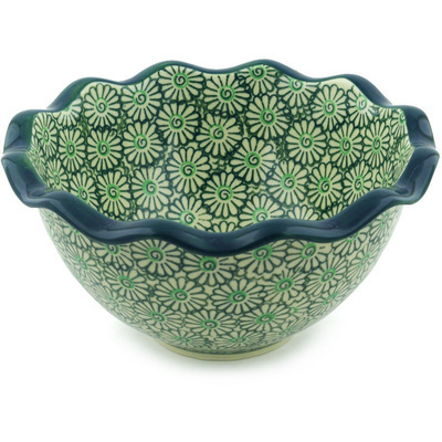 Polish Pottery Scalloped Bowl 9&quot; Green Daisies