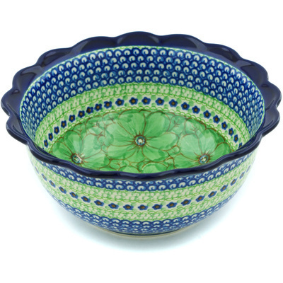 Polish Pottery Scalloped Bowl 9&quot; Key Lime Dreams UNIKAT