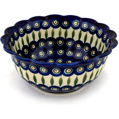 Polish Pottery Scalloped Bowl 9&quot; Peacock Leaves