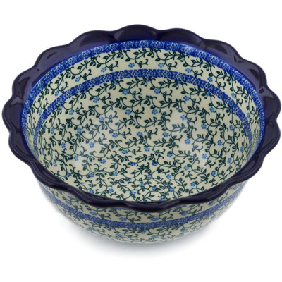 Polish Pottery Scalloped Bowl 9&quot; Petite Blue Vine