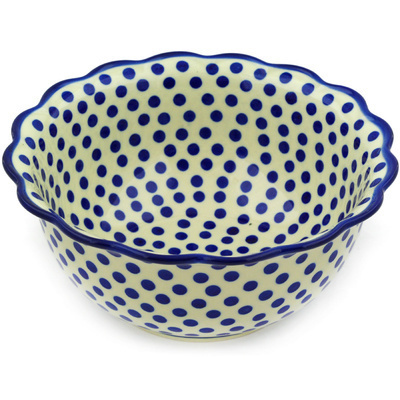 Polish Pottery Scalloped Bowl 9&quot; Polka Dot Delight