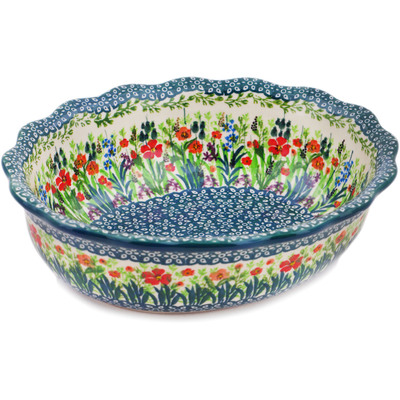 Polish Pottery Scalloped Bowl 9&quot; Red Garden UNIKAT