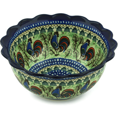 Polish Pottery Scalloped Bowl 9&quot; Rooster Row UNIKAT