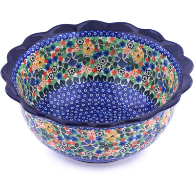 Polish Pottery Scalloped Bowl 9&quot; Spring Garden UNIKAT