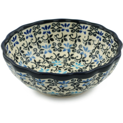 Polish Pottery Scalloped Bowl Small Black And Blue Lace