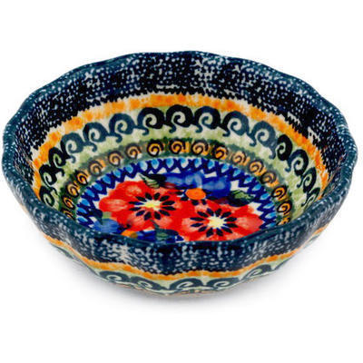 Polish Pottery Scalloped Bowl Small Blue And Red Poppies UNIKAT