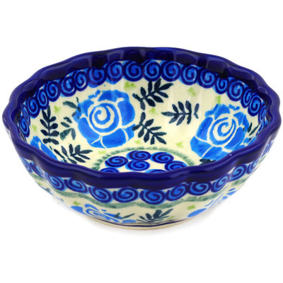 Polish Pottery Scalloped Bowl Small Lady Blue Roses UNIKAT