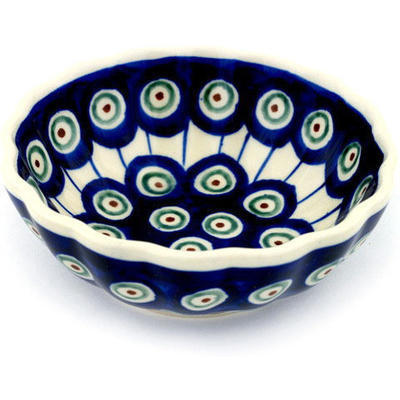 Polish Pottery Scalloped Bowl Small Traditional Peacock