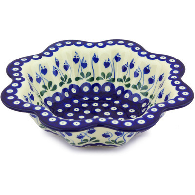 Polish Pottery Scalloped Fluted Bowl 10&quot; Bleeding Heart Peacock