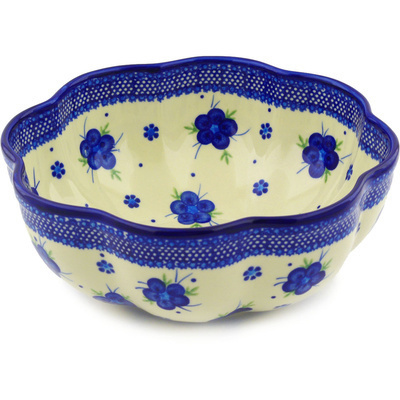 Polish Pottery Scalloped Fluted Bowl 10&quot; Bleu-belle Fleur