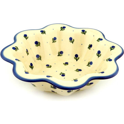 Polish Pottery Scalloped Fluted Bowl 10&quot; Blue Buds