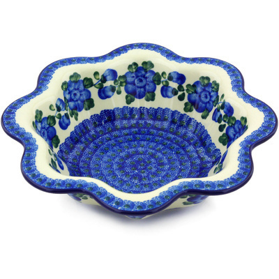 Polish Pottery Scalloped Fluted Bowl 10&quot; Blue Poppies