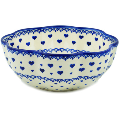 Polish Pottery Scalloped Fluted Bowl 10&quot; Blue Valentine Hearts