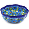 Polish Pottery Scalloped Fluted Bowl 10&quot; Bold Blue Poppies UNIKAT