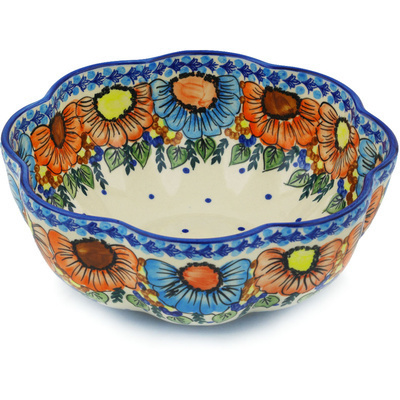 Polish Pottery Scalloped Fluted Bowl 10&quot; Bold Poppies