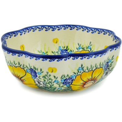 Polish Pottery Scalloped Fluted Bowl 10&quot; Bright Blooms