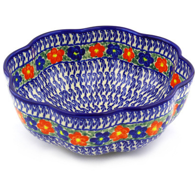 Polish Pottery Scalloped Fluted Bowl 10&quot; Floral Burst