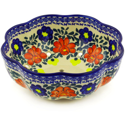 Polish Pottery Scalloped Fluted Bowl 10&quot; Flower Party