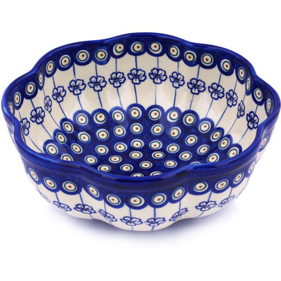 Polish Pottery Scalloped Fluted Bowl 10&quot; Flowering Peacock