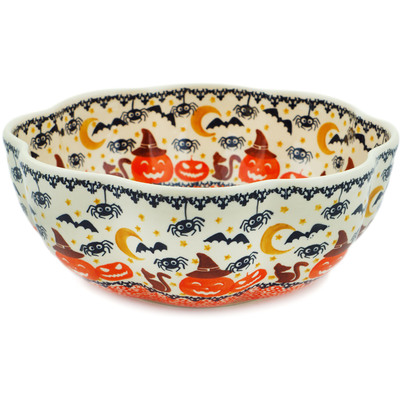 Polish Pottery Scalloped Fluted Bowl 10&quot; Halloween Spooky Pumpkin