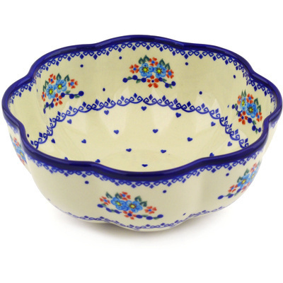 Polish Pottery Scalloped Fluted Bowl 10&quot; Hearts And Flowers