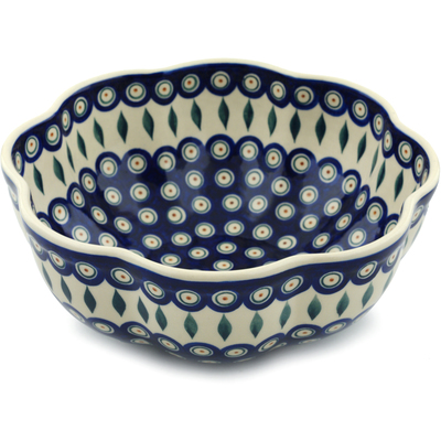 Polish Pottery Scalloped Fluted Bowl 10&quot; Peacock