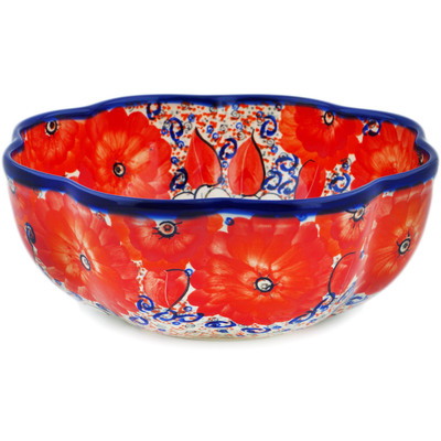 Polish Pottery Scalloped Fluted Bowl 10&quot; Poppy Passion