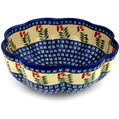 Polish Pottery Scalloped Fluted Bowl 10&quot; Red Berries