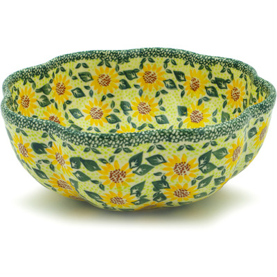 Polish Pottery Scalloped Fluted Bowl 10&quot; Sunflower Fields