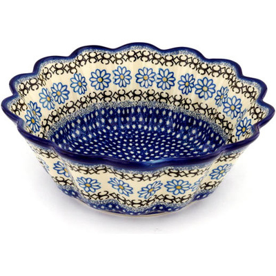 Polish Pottery Scalloped Fluted Bowl 11&quot; Blue Daisy Chain