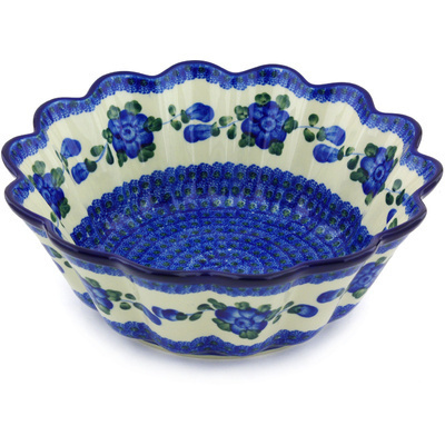 Polish Pottery Scalloped Fluted Bowl 11&quot; Blue Poppies