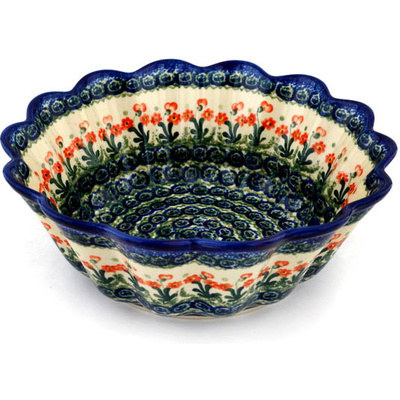 Polish Pottery Scalloped Fluted Bowl 11&quot; Peach Spring Daisy