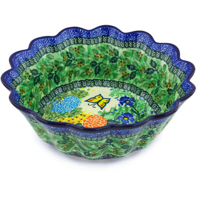 Polish Pottery Scalloped Fluted Bowl 11&quot; Spring Garden UNIKAT