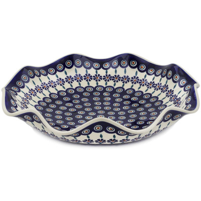 Polish Pottery Scalloped Fluted Bowl 15&quot; Peacock
