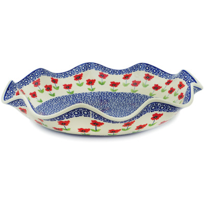 Polish Pottery Scalloped Fluted Bowl 15&quot; Wind-blown Poppies