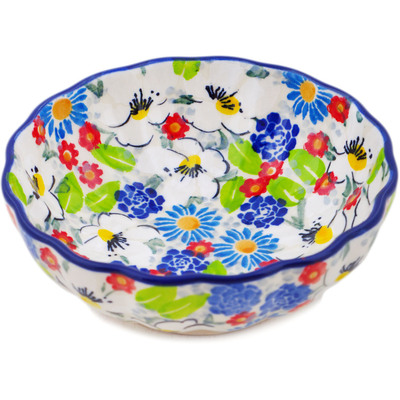 Polish Pottery Scalloped Fluted Bowl 5&quot; Anemone Flower Garden UNIKAT