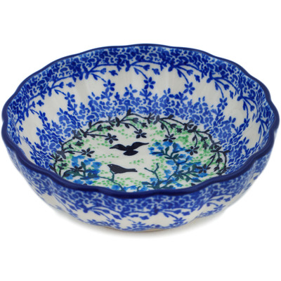 Polish Pottery Scalloped Fluted Bowl 5&quot; Black Bird Fly UNIKAT