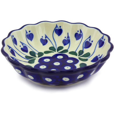 Polish Pottery Scalloped Fluted Bowl 5&quot; Bleeding Heart Peacock