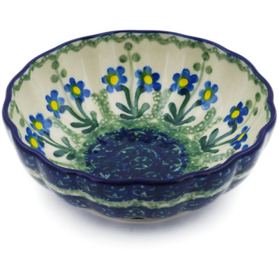 Polish Pottery Scalloped Fluted Bowl 5&quot; Blue Daisy Circle