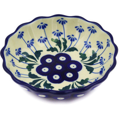 Polish Pottery Scalloped Fluted Bowl 5&quot; Blue Daisy Peacock