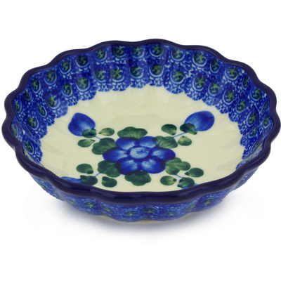 Polish Pottery Scalloped Fluted Bowl 5&quot; Blue Poppies