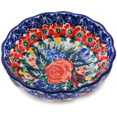 Polish Pottery Scalloped Fluted Bowl 5&quot; Blue Ribbon Roses UNIKAT