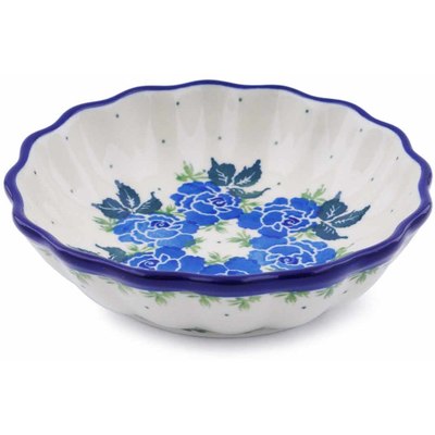 Polish Pottery Scalloped Fluted Bowl 5&quot; Blue Rose