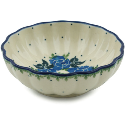 Polish Pottery Scalloped Fluted Bowl 5&quot; Blue Rose