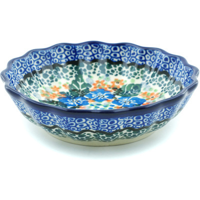 Polish Pottery Scalloped Fluted Bowl 5&quot; Blue Star Flowers UNIKAT