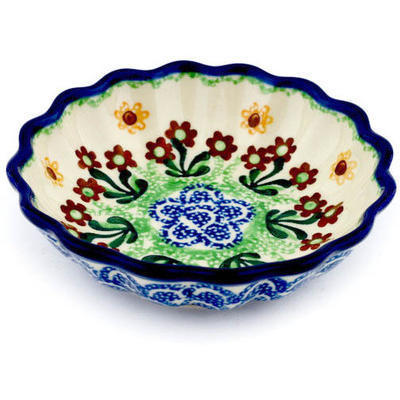 Polish Pottery Scalloped Fluted Bowl 5&quot; Brown Daisy Dance