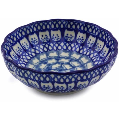 Polish Pottery Scalloped Fluted Bowl 5&quot; Cat And Mouse Brigade UNIKAT