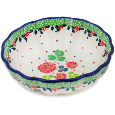 Polish Pottery Scalloped Fluted Bowl 5&quot; Clover Flower Wreath
